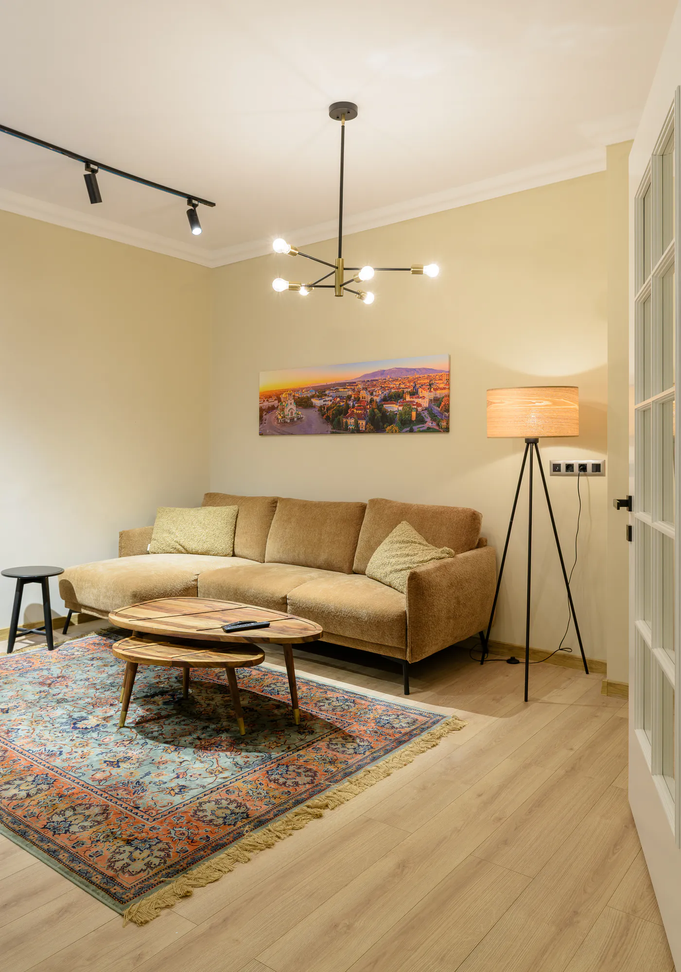 Living room with a velvet sofa, oriental rug, wooden coffee tables and a brass chandelier