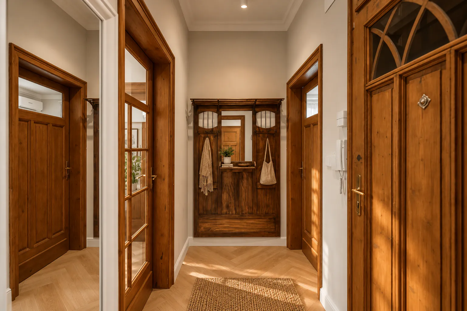 Entrance hall with restored original wooden doors, an antique hall stand and herringbone parquet