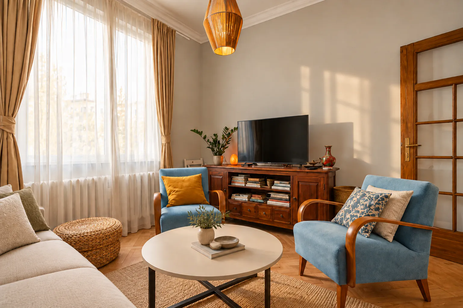 Living room with blue armchairs, a wooden TV sideboard, rattan pendant and linen curtains