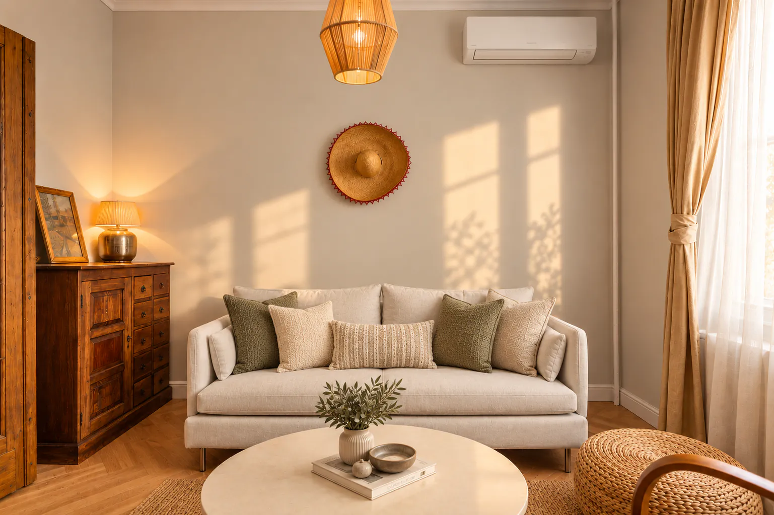 Sofa with linen cushions, an antique chest of drawers and a straw hat on the living room wall