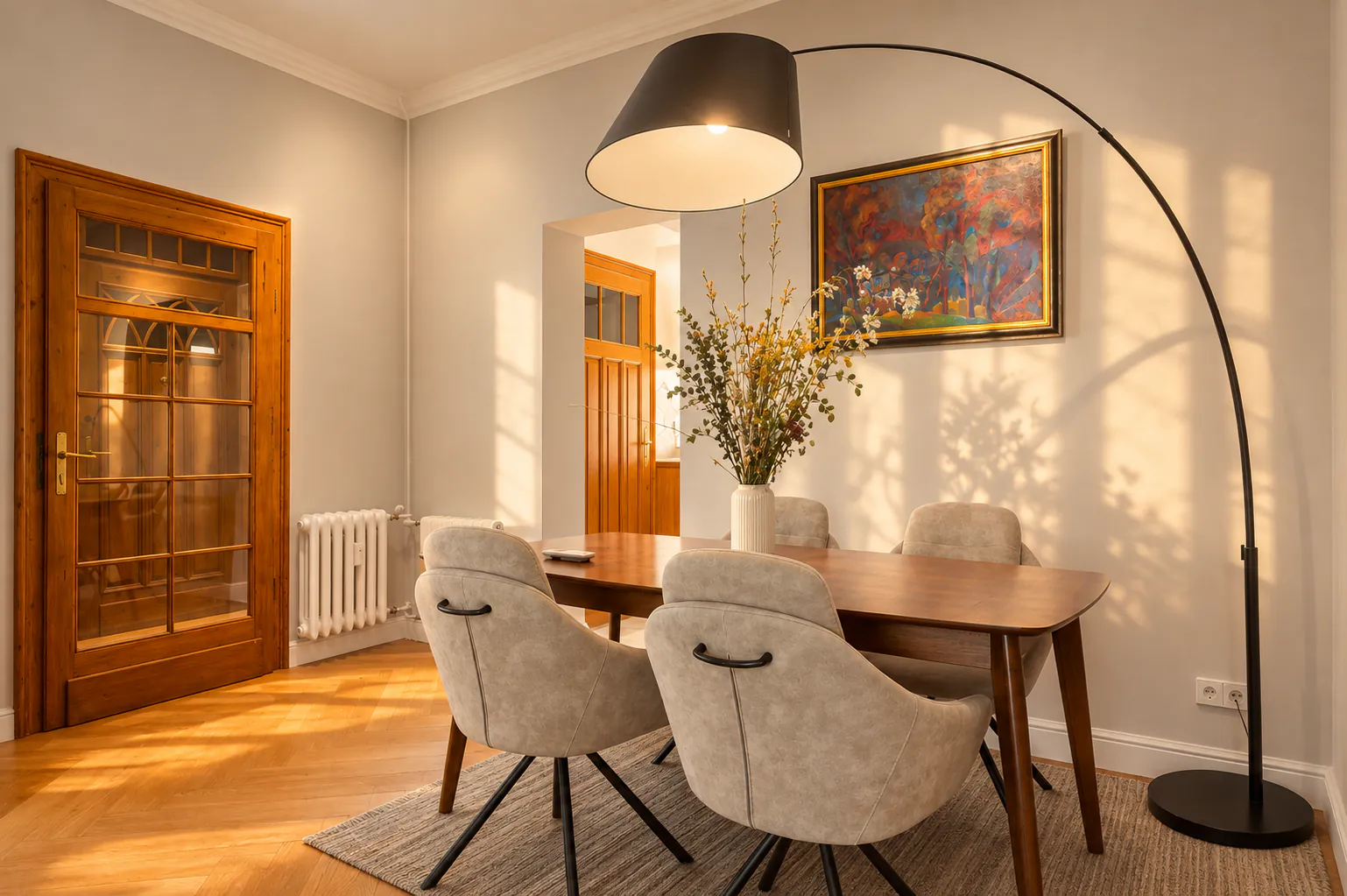 Dining room with a wooden table, upholstered chairs, a black arc lamp and a painting