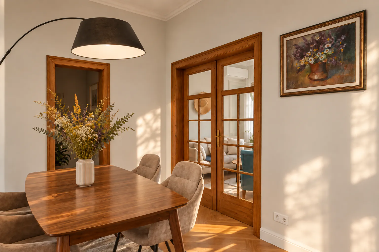 Dining room with original double glazed doors to the living room and a floral still life