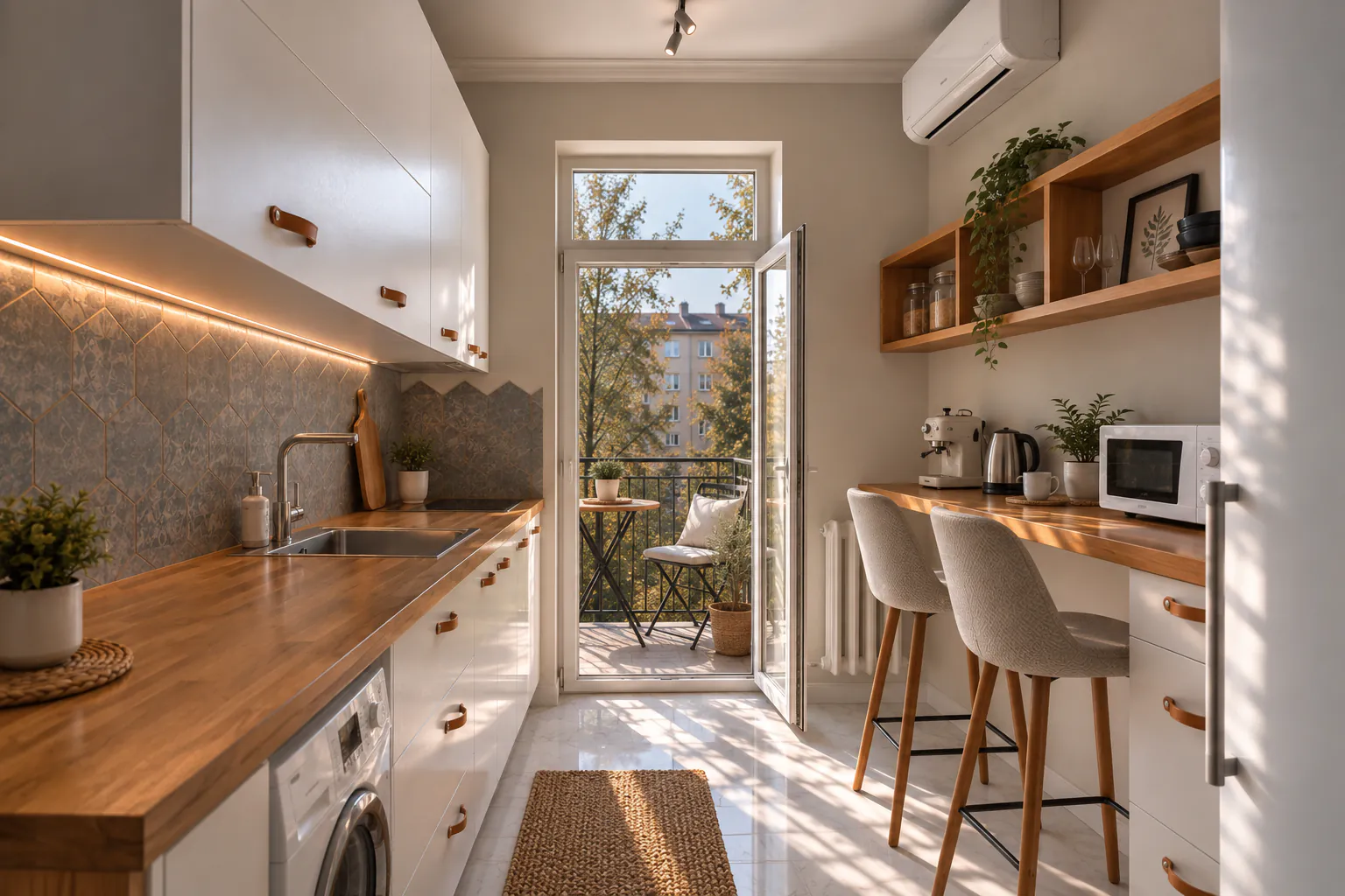 Kitchen with white cabinets, a wooden worktop, hexagon tiles and a door to the balcony