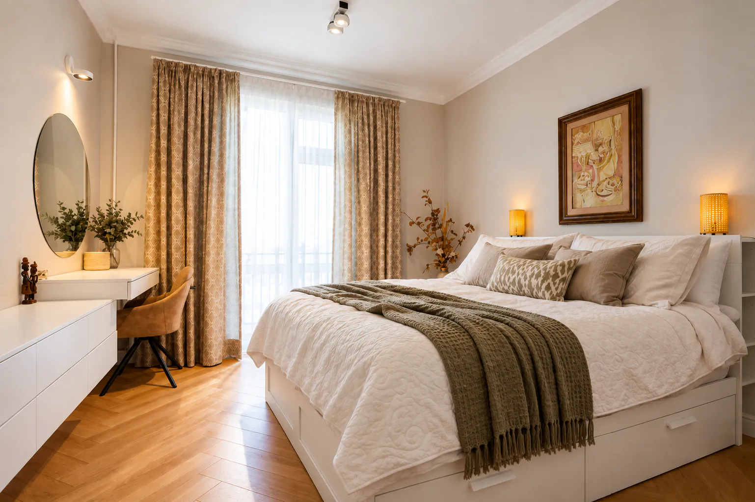 Bedroom with a dressing table, round mirror, heavy curtains and a bed with earth-toned textiles