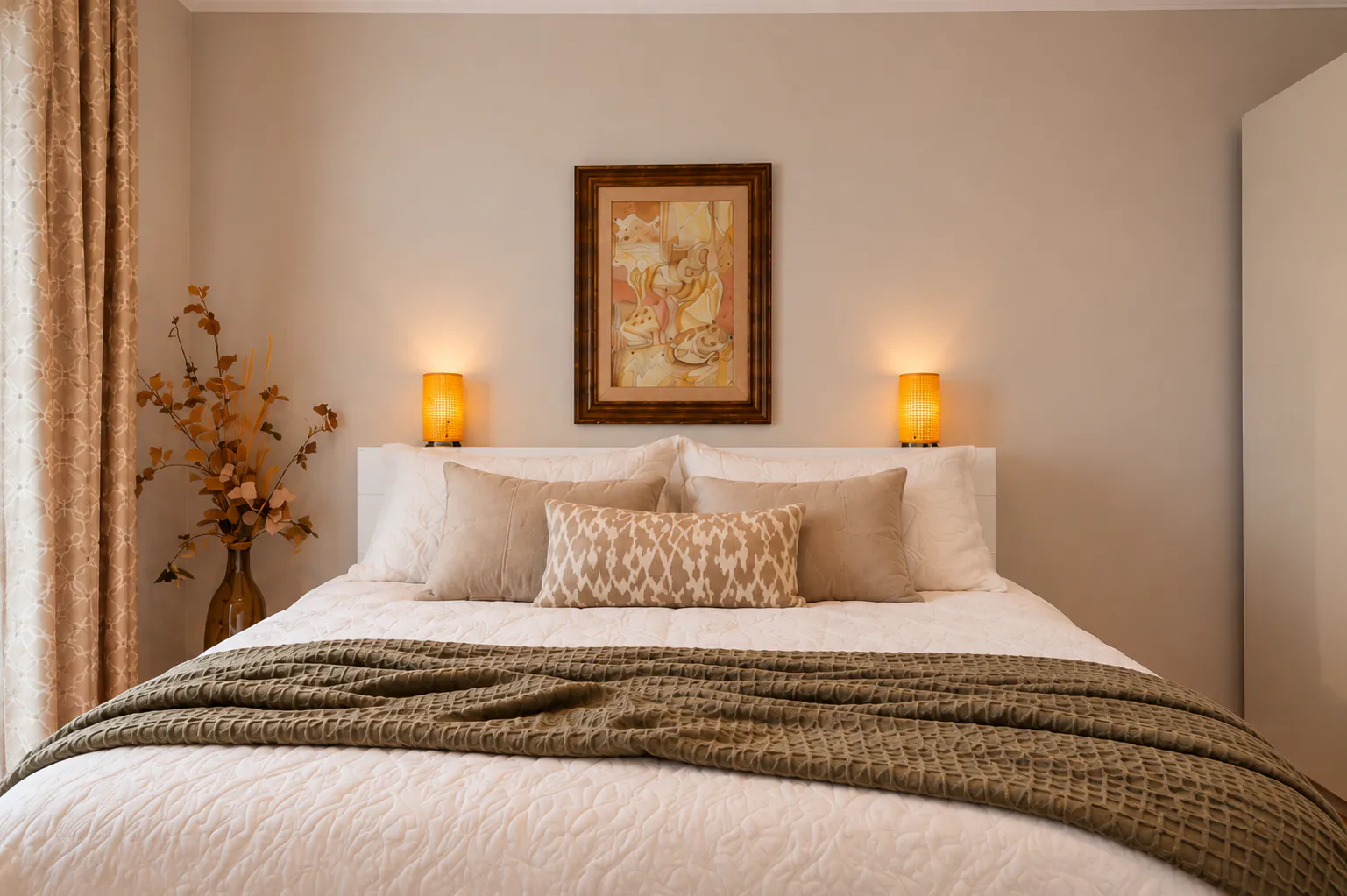 Bed with a white headboard, a painting and bedside lamps with warm light