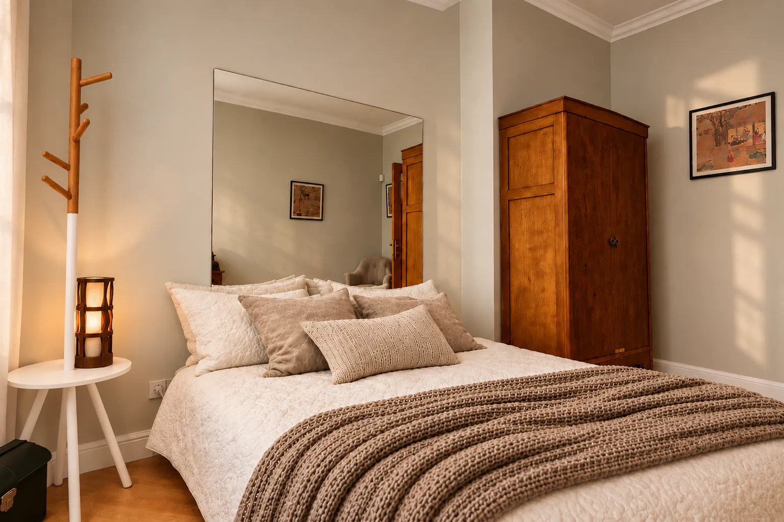 Bedroom detail: dressing table with a round mirror, wall light and upholstered chair