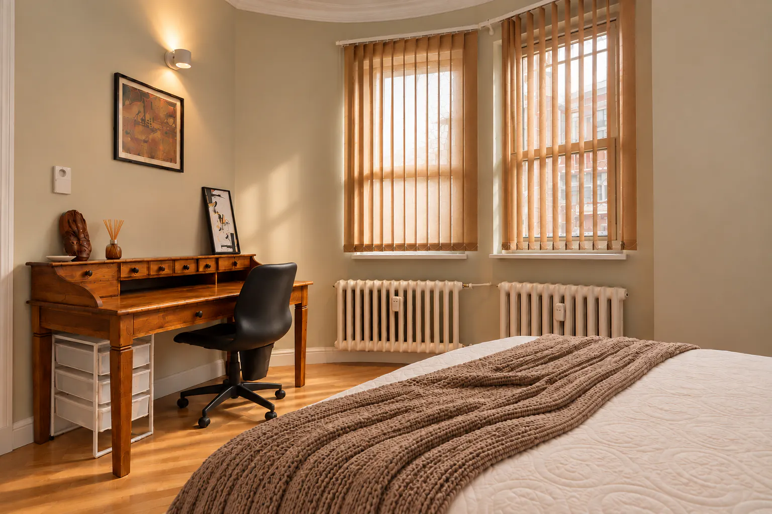 Second bedroom with a wooden writing desk, bay windows with blinds and cast-iron radiators