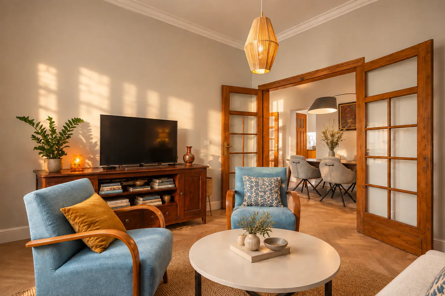 Second bedroom with a large mirror behind the bed, an antique wardrobe and a coat stand