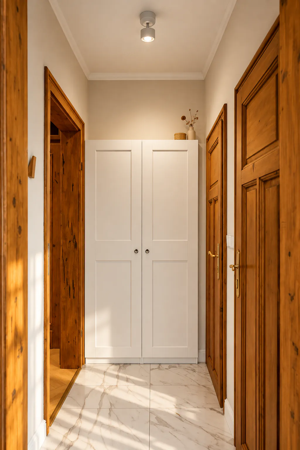 Corridor with a built-in white wardrobe, marble flooring and original wooden doors
