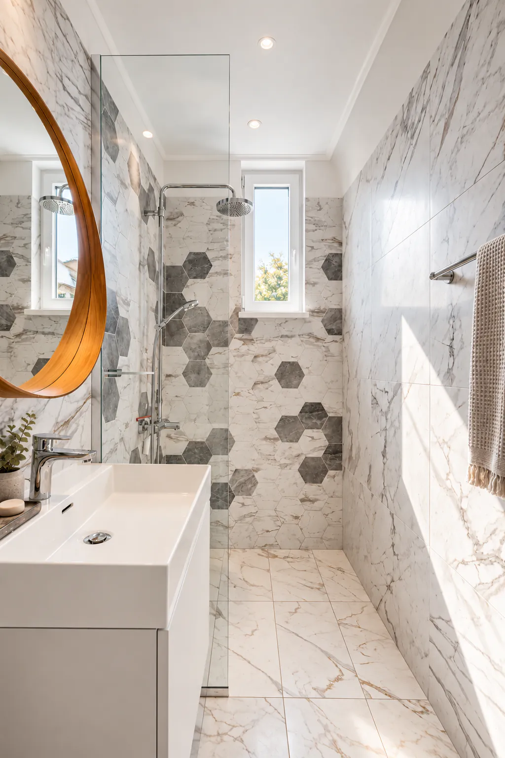 Bathroom with marble tiles, a hexagon accent in the shower and a round wooden-framed mirror