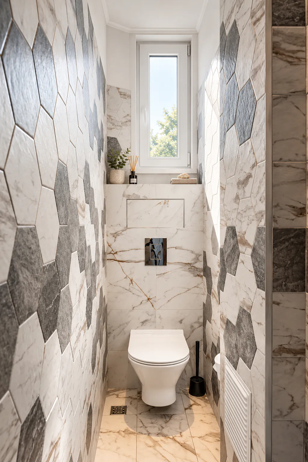 WC with grey hexagon tiles, marble and a small window